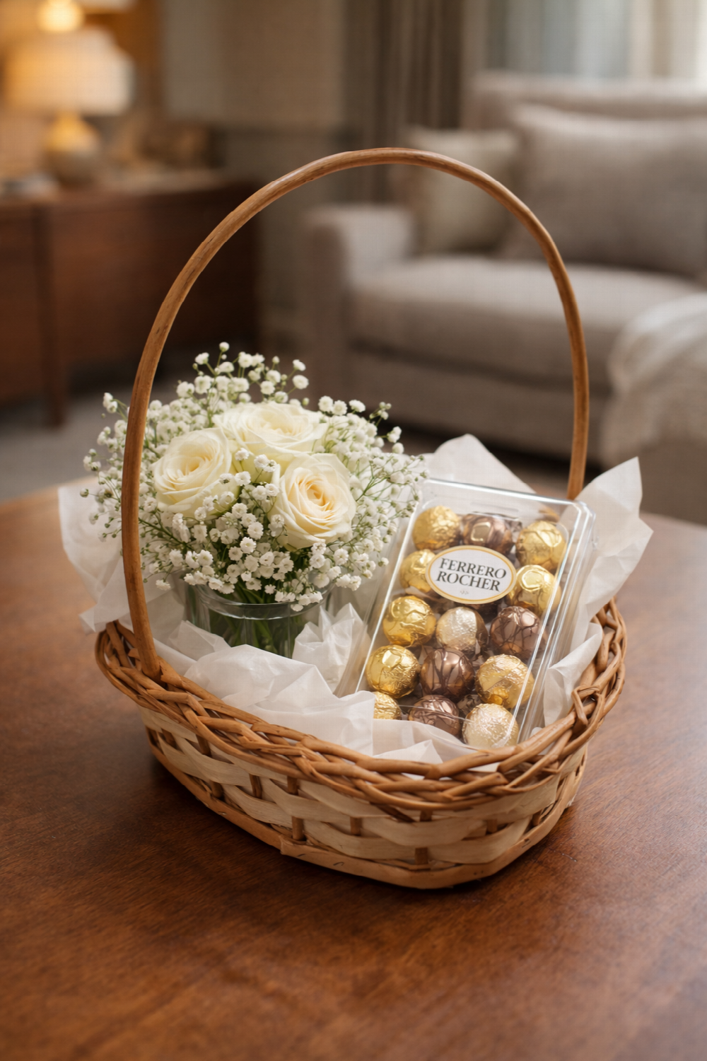 Cesta modelo clássica, feita em vime com alça.